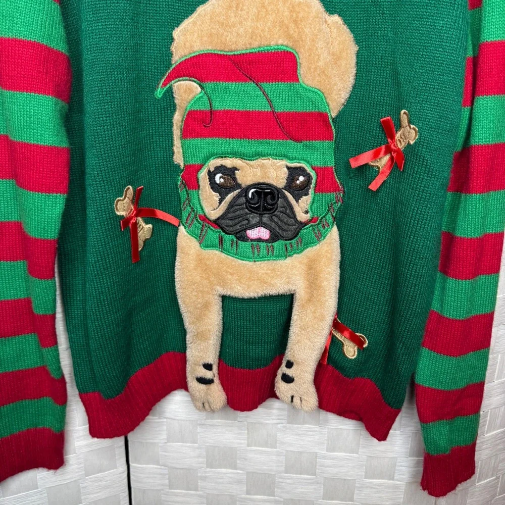 3D Pug Ugly Christmas Sweater Green Red Striped Plush Large